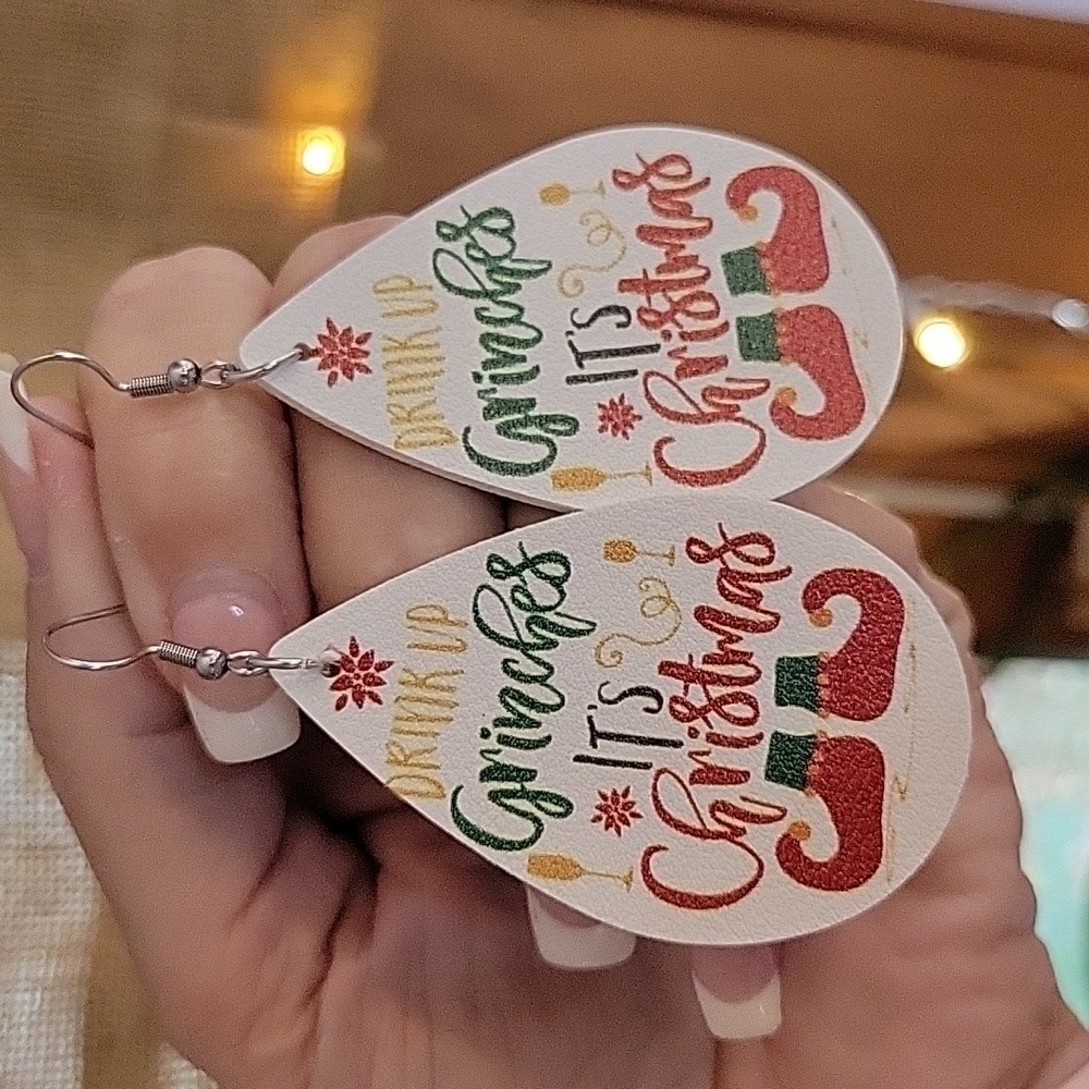 Drink Up, Grinches Vegan Leather Drop Earrings
